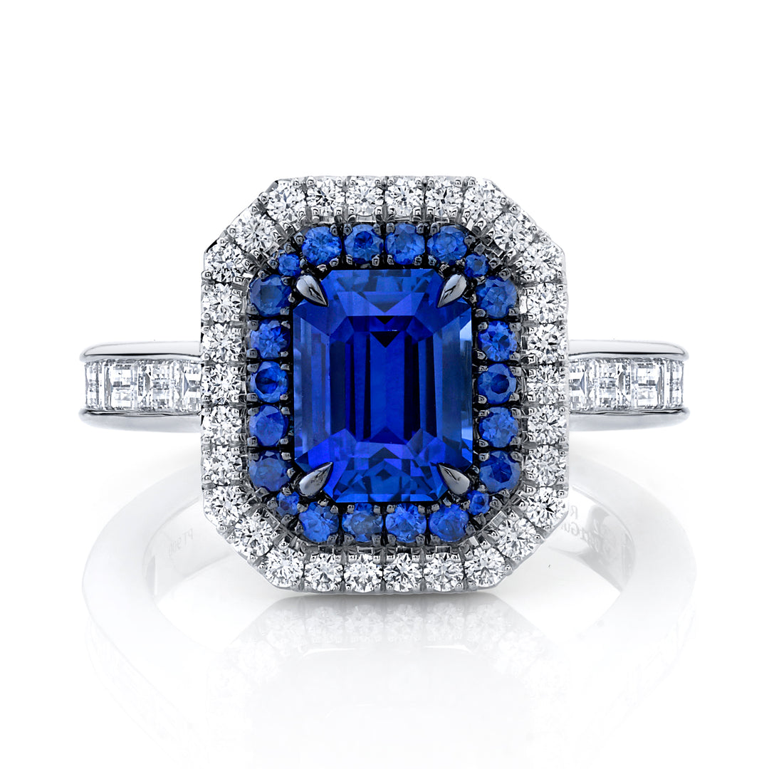 Double Halo Sapphire & Baguette Diamond Ring