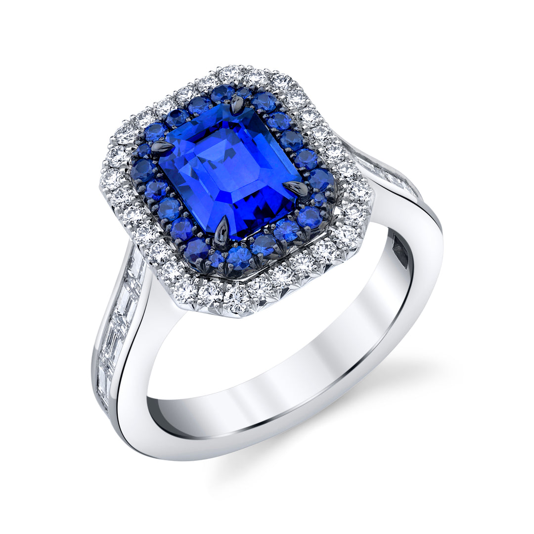 Double Halo Sapphire & Baguette Diamond Ring