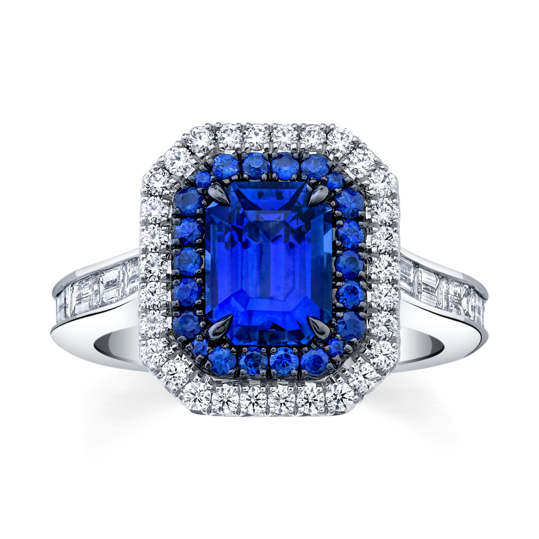 Double Halo Sapphire & Baguette Diamond Ring