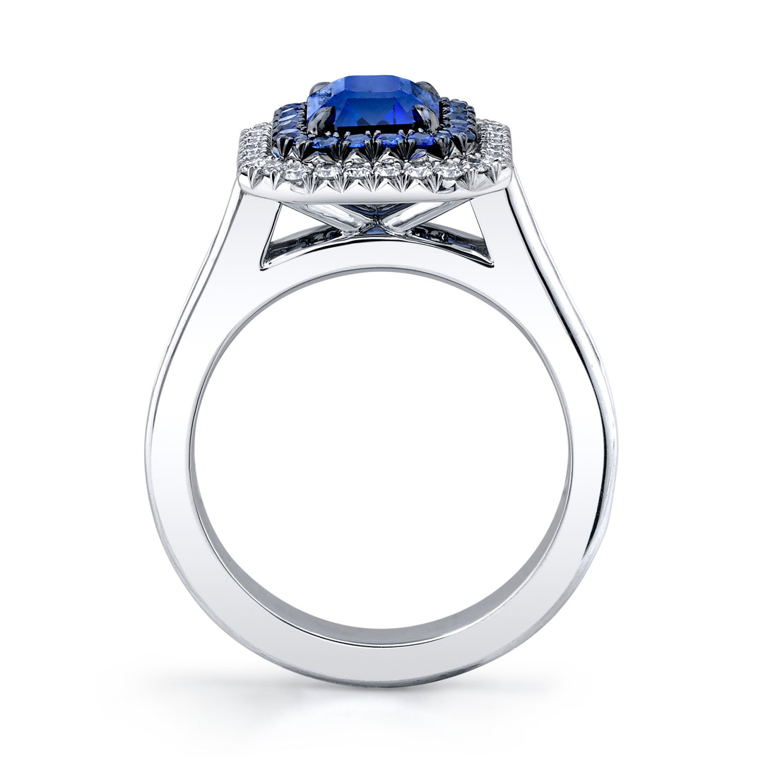 Double Halo Sapphire & Baguette Diamond Ring