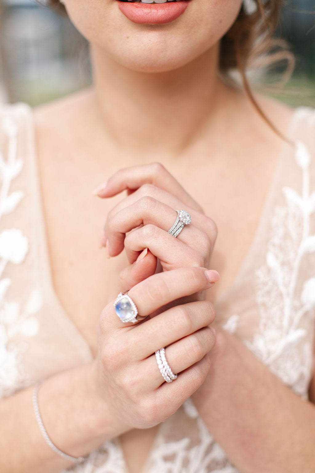 8.56ct Square Cushion Blue Sheen Moonstone & Diamond Three Stone Ring