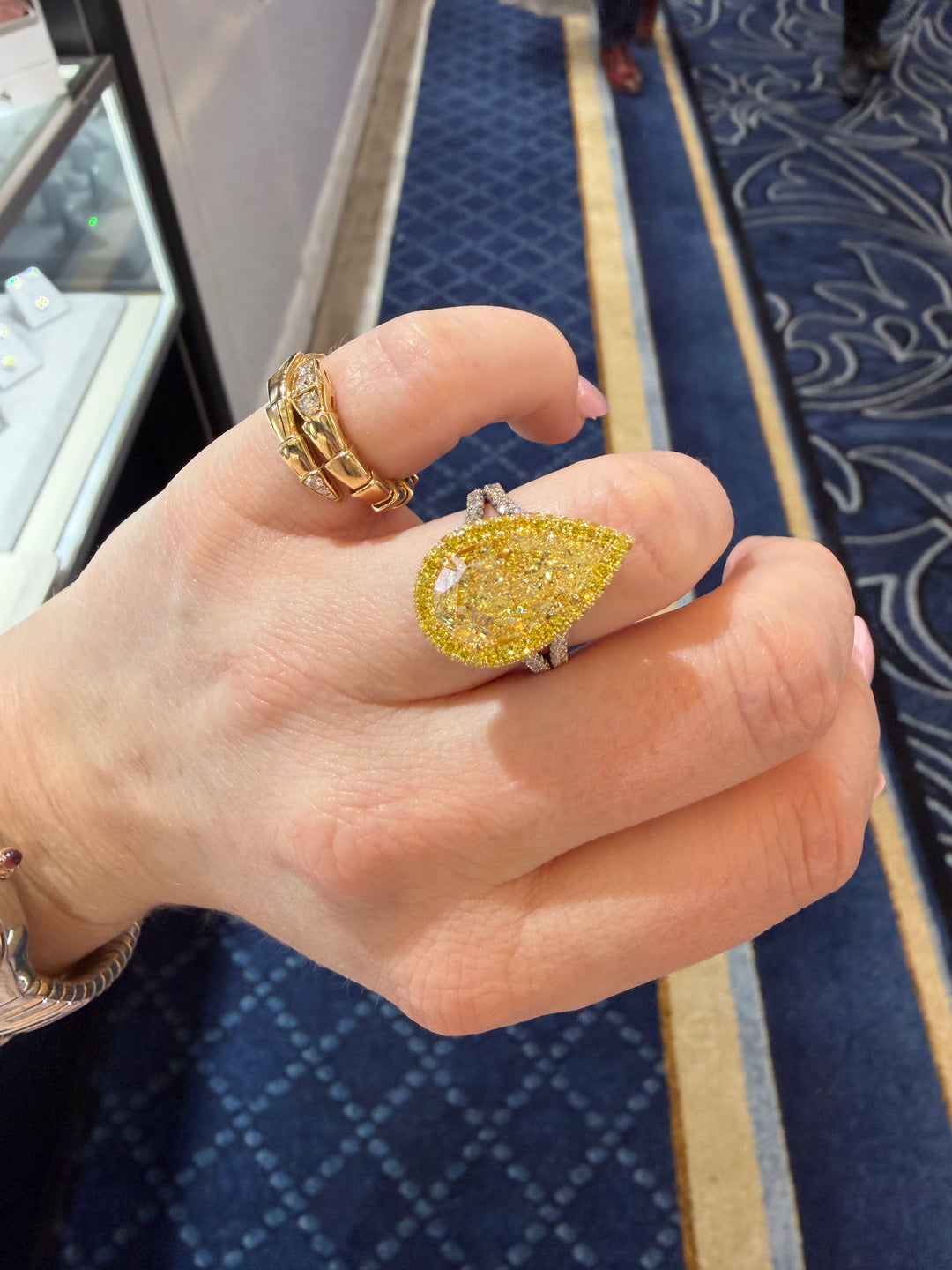 7.02ct Pear Shape Fancy Light Yellow Diamond Ring in Platinum & 18K Yellow Gold