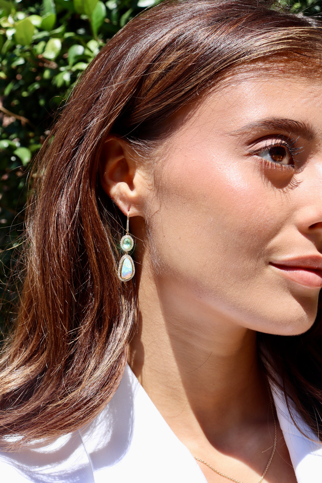 One-of-a-Kind Opal & Tanzanian Mint Garnet Dangle Earrings in 18k Yellow Gold