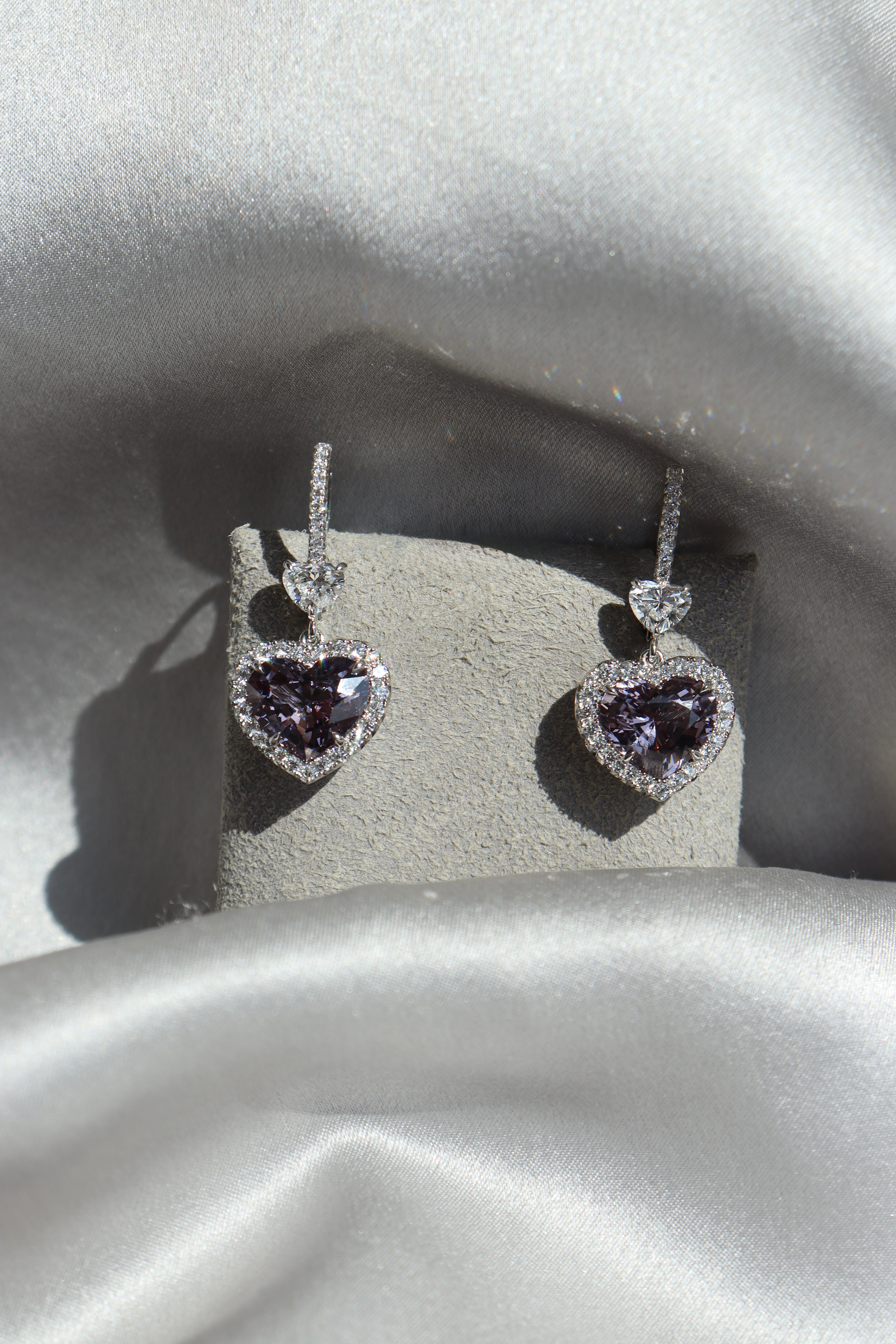 5.55ctw Heart Shape Purple Spinel & Diamond Halo Dangle Earrings
