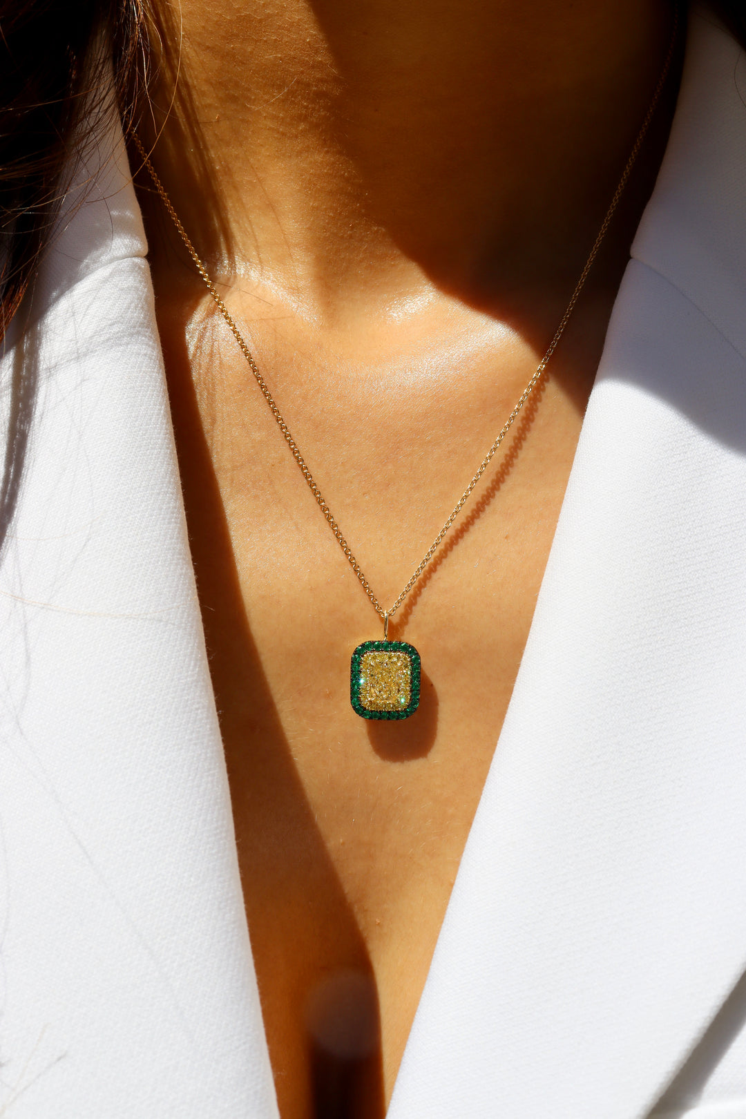 1.50ct Radiant Fancy Light Yellow Diamond & Emerald Necklace