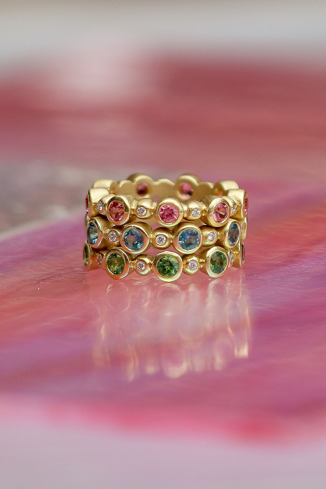 Nicole Mera x Suzy Landa Round Green Tourmaline & Diamond Bezel Stackable Ring in 18K Yellow Gold