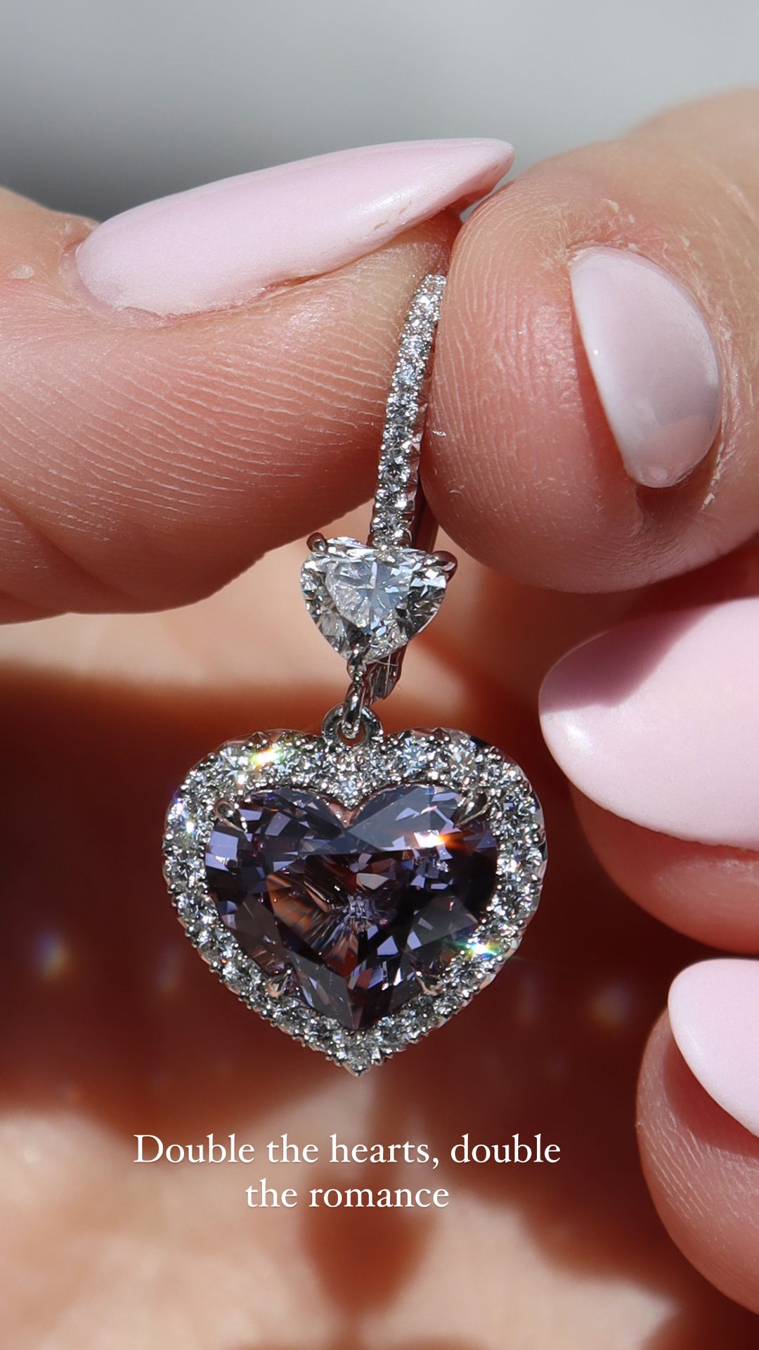 5.55ctw Heart Shape Purple Spinel & Diamond Halo Dangle Earrings in Platinum