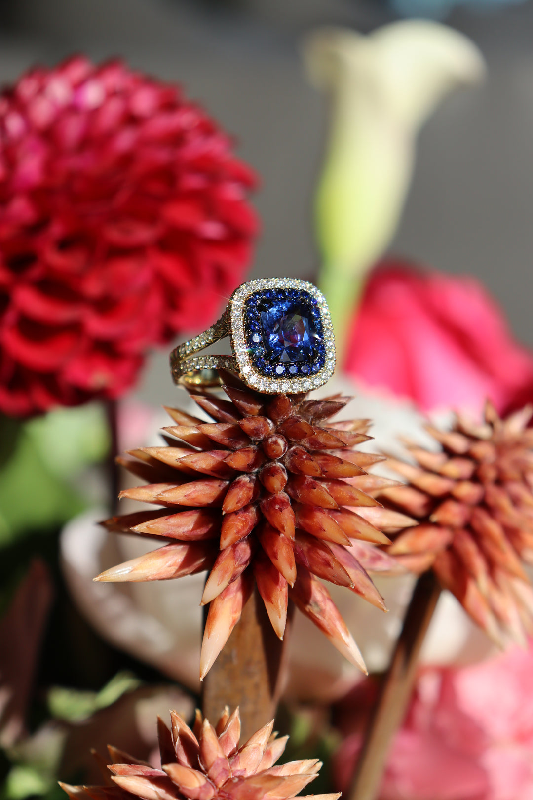 2.46ct Cushion Blue Sapphire & Diamond Ring in 18K Yellow Gold