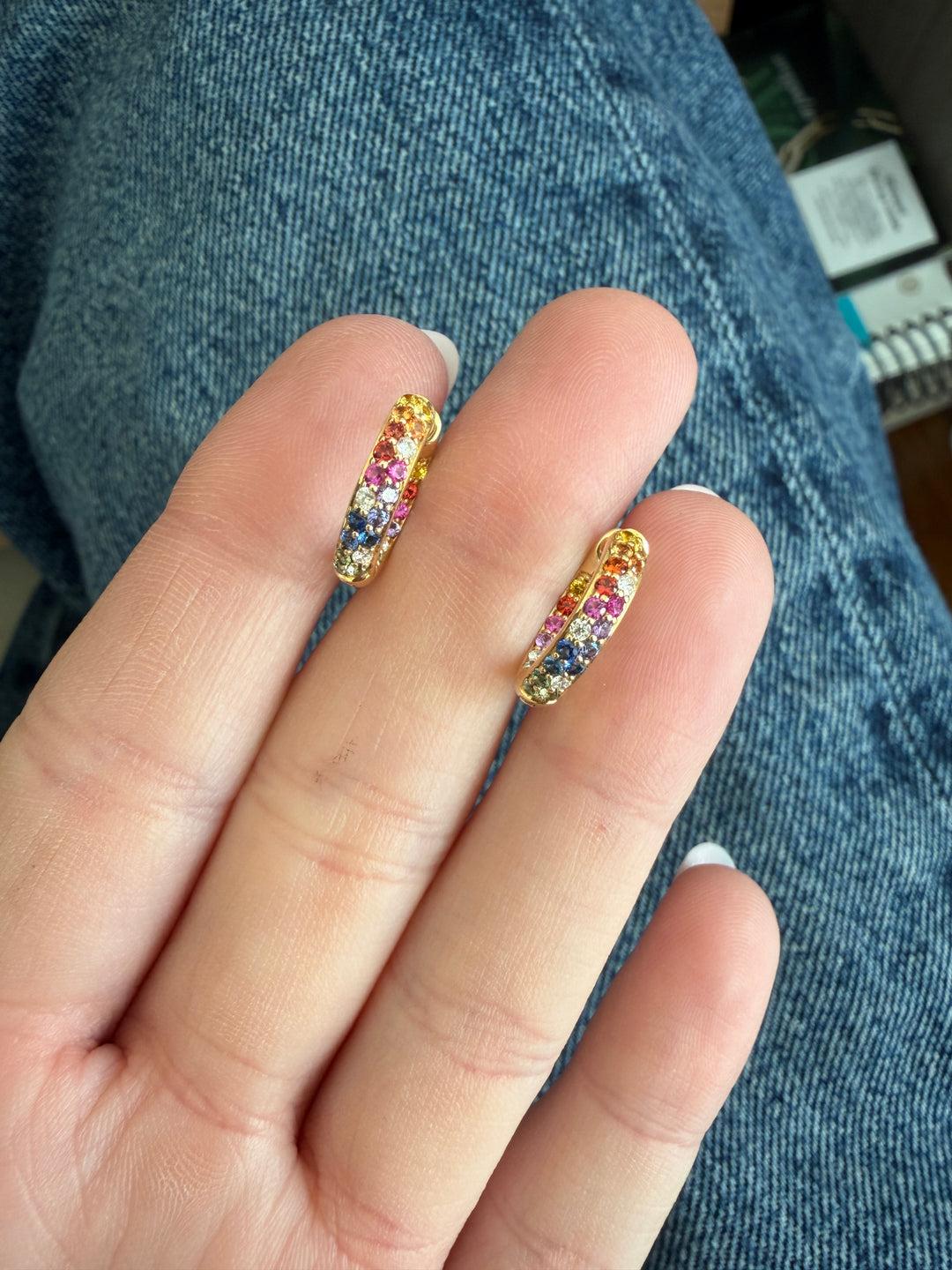 Small Rainbow Sapphire & Diamond Pave Inside Outside Hoops in 18K Yellow Gold