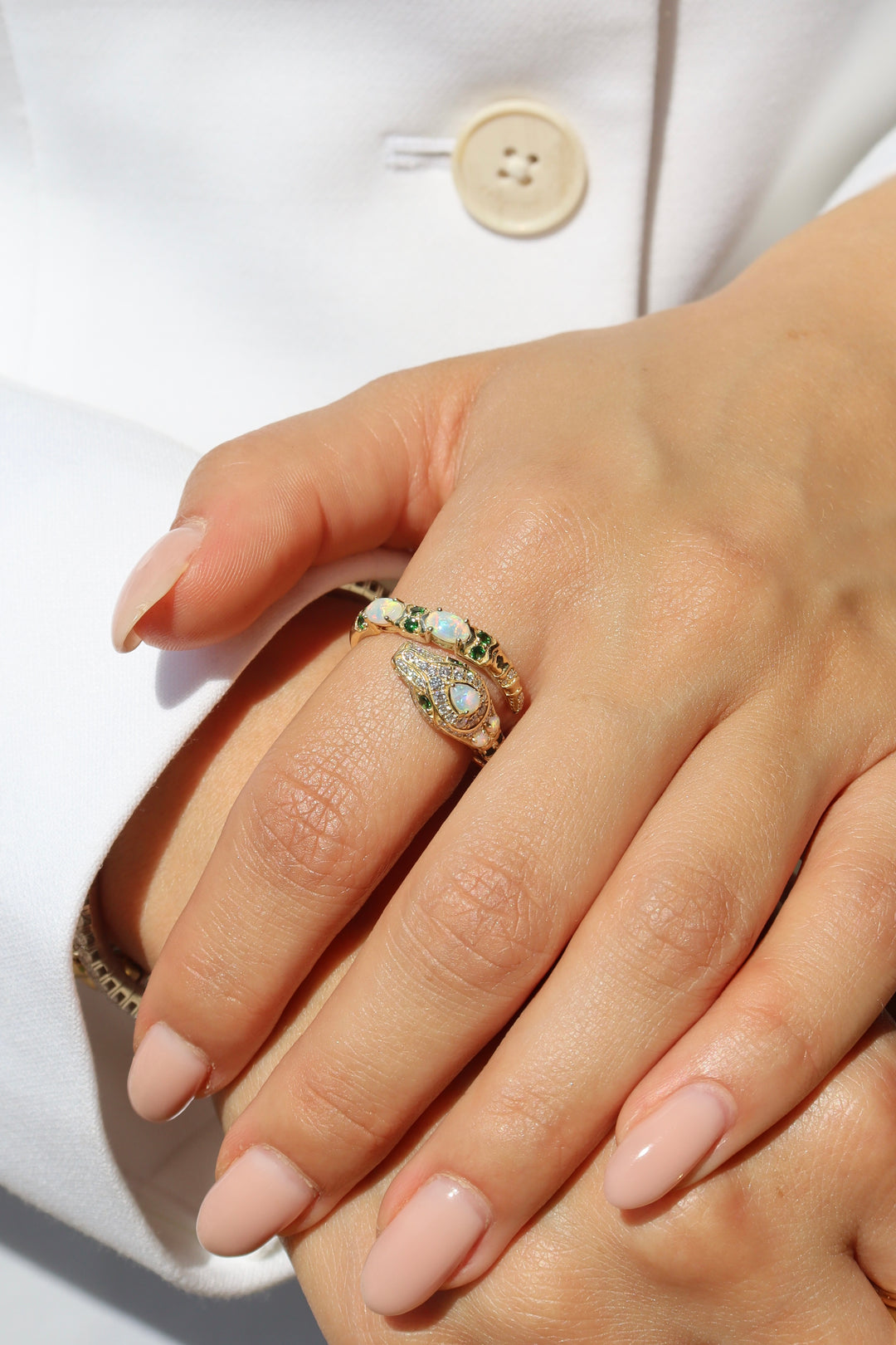 Snake Australian Opal, Tsavorite Garnet & Diamond Ring in 18k Yellow Gold