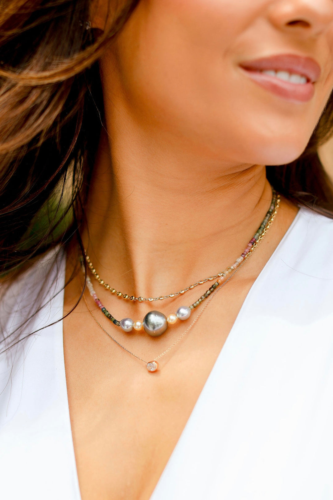 Tahitian, South Sea, & Akoya Pearl & Sapphire Beaded Necklace in Sterling Silver
