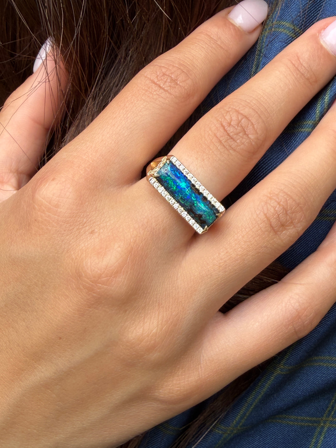 3.65ct Freeform Australian Boulder Opal & Diamond Ring in 14K Yellow Gold