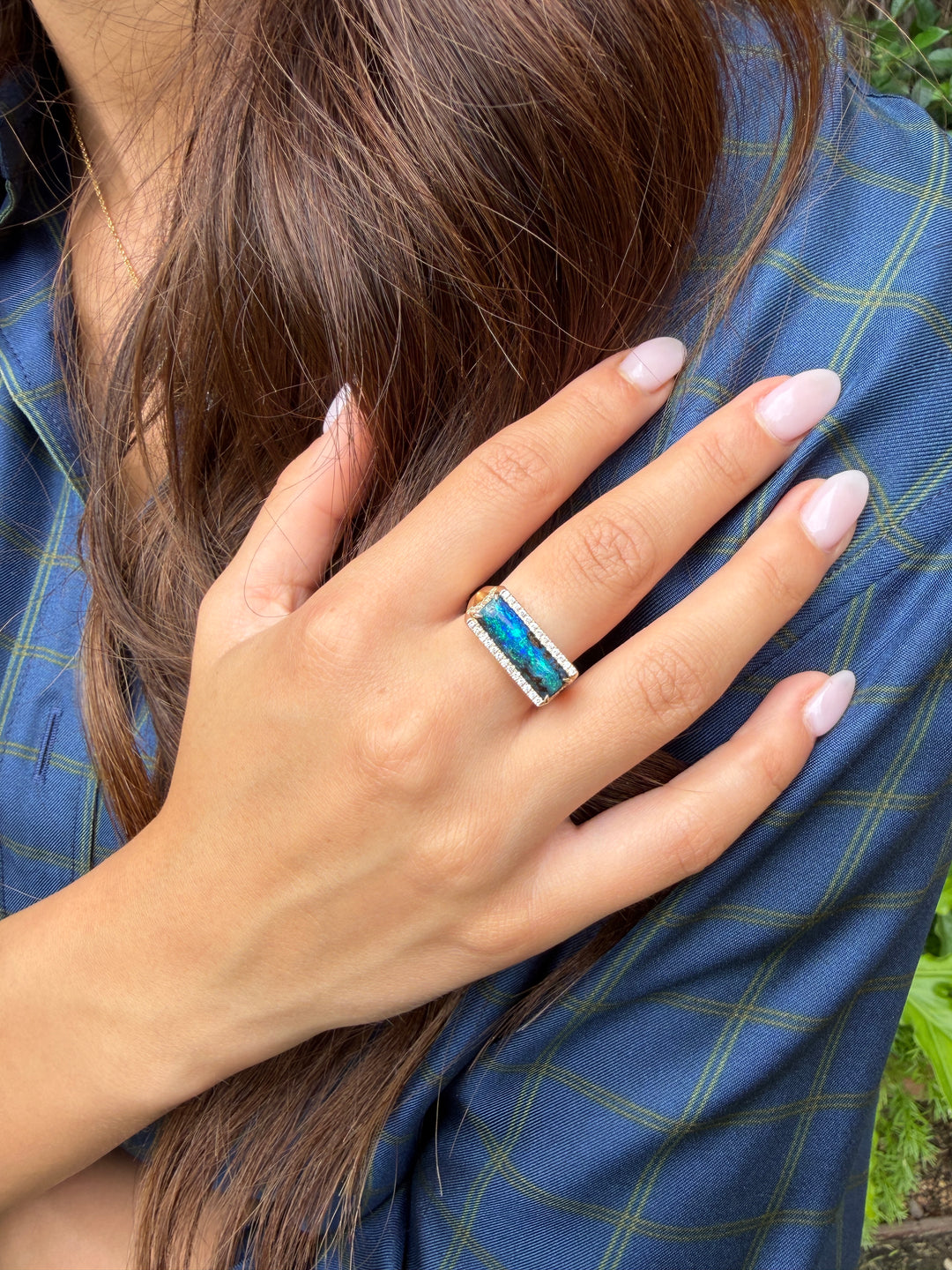 3.65ct Freeform Australian Boulder Opal & Diamond Ring in 14K Yellow Gold