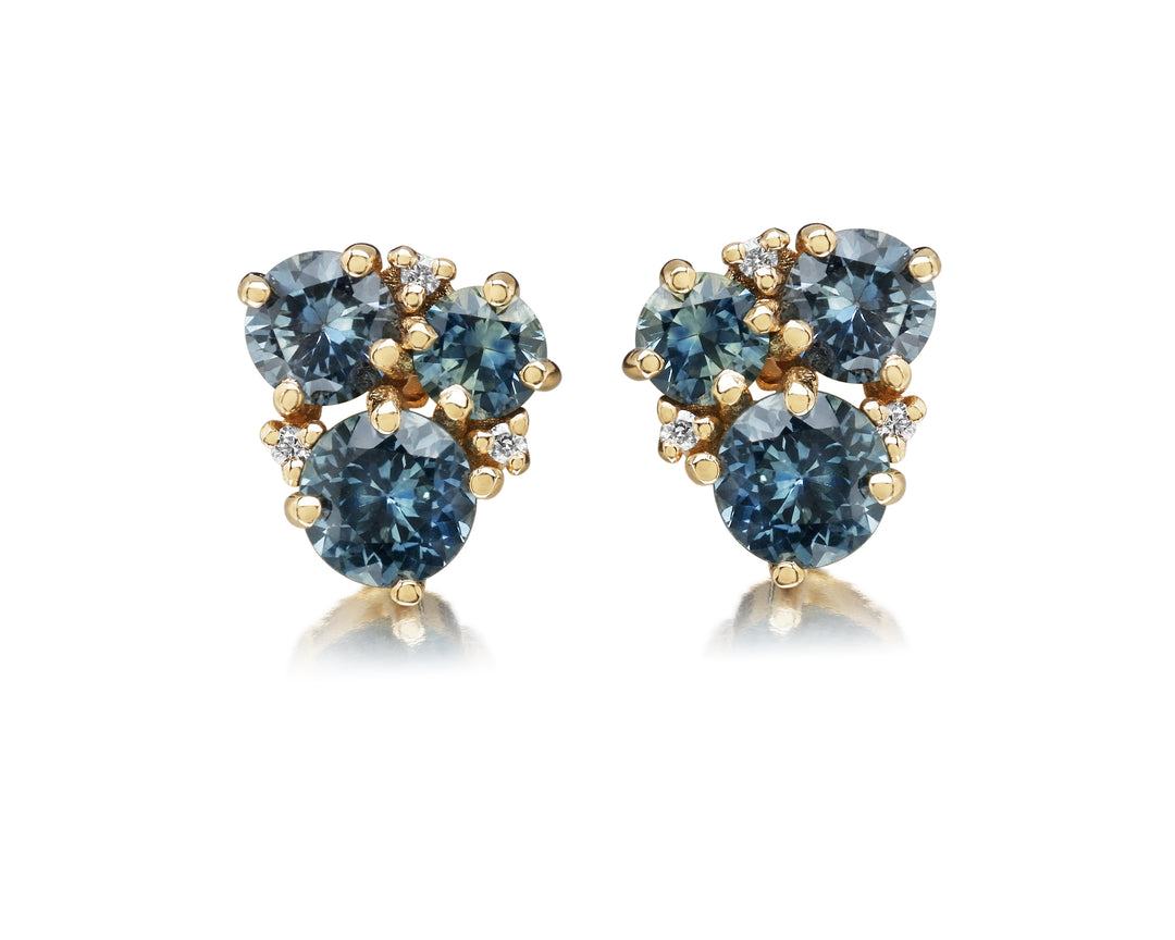 1.32ctw Montana Sapphire & Diamond Mini Cluster Stud Earrings in 14K Yellow Gold