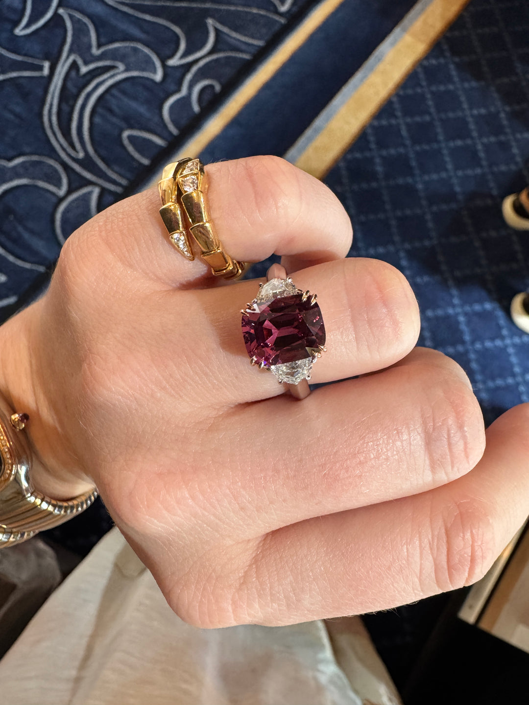 Cushion Pink Spinel & Diamond Three-Stone Ring in Platinum