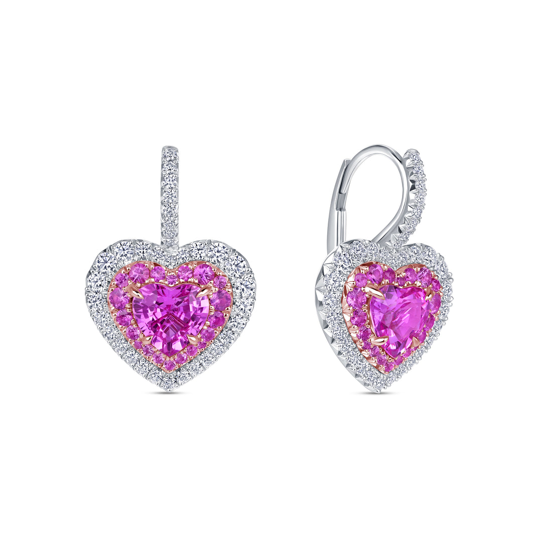1.69ctw Heart Shape Pink Sapphire & Diamond Drop Earrings in Platinum & 18K Rose Gold