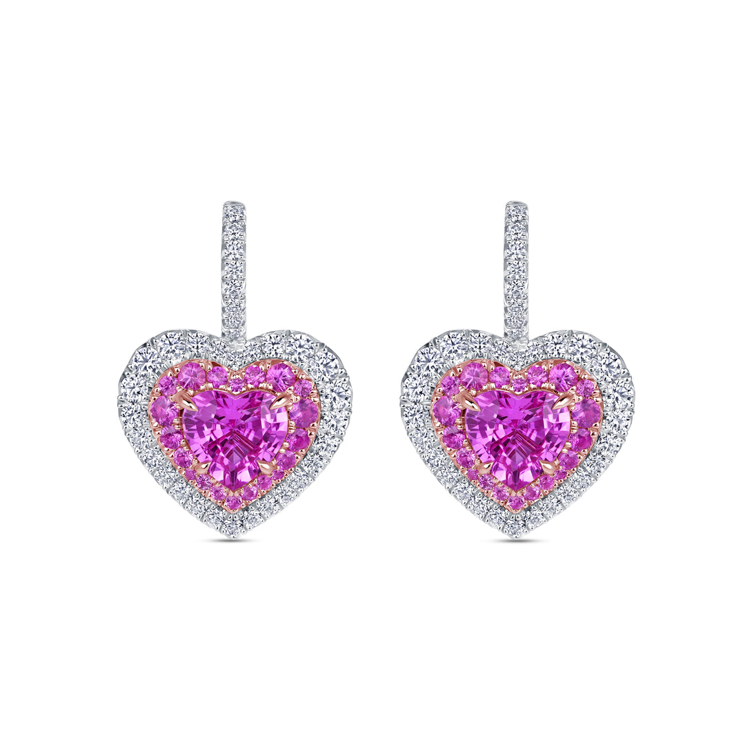 1.69ctw Heart Shape Pink Sapphire & Diamond Drop Earrings in Platinum & 18K Rose Gold