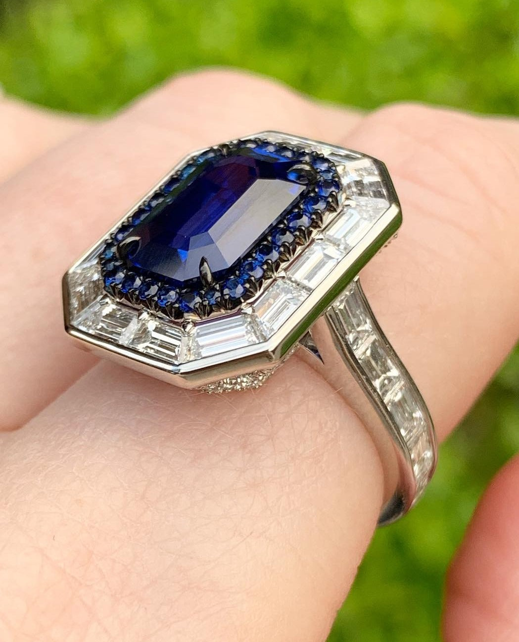 Emerald Cut Ceylon Sapphire & Diamond Ring