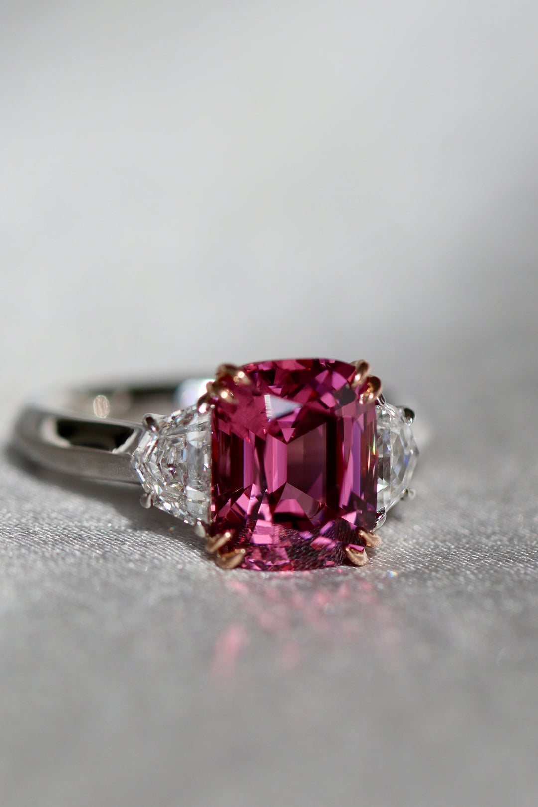 4.58ct Cushion Pink Spinel & Diamond Three-Stone Ring in Platinum