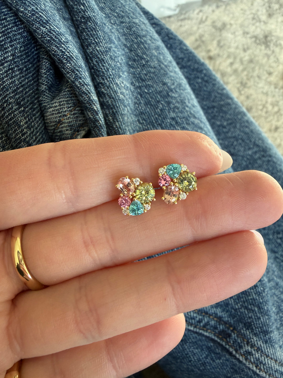 2.00ctw Mix Shape & Gemstone Cluster "FIESTA" earrings set in 18K Yellow Gold
