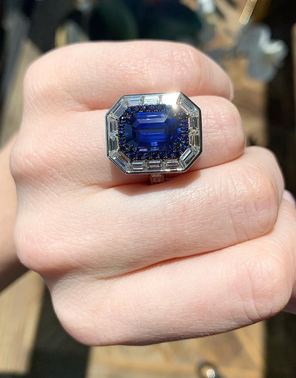 Emerald Cut Ceylon Sapphire & Diamond Ring