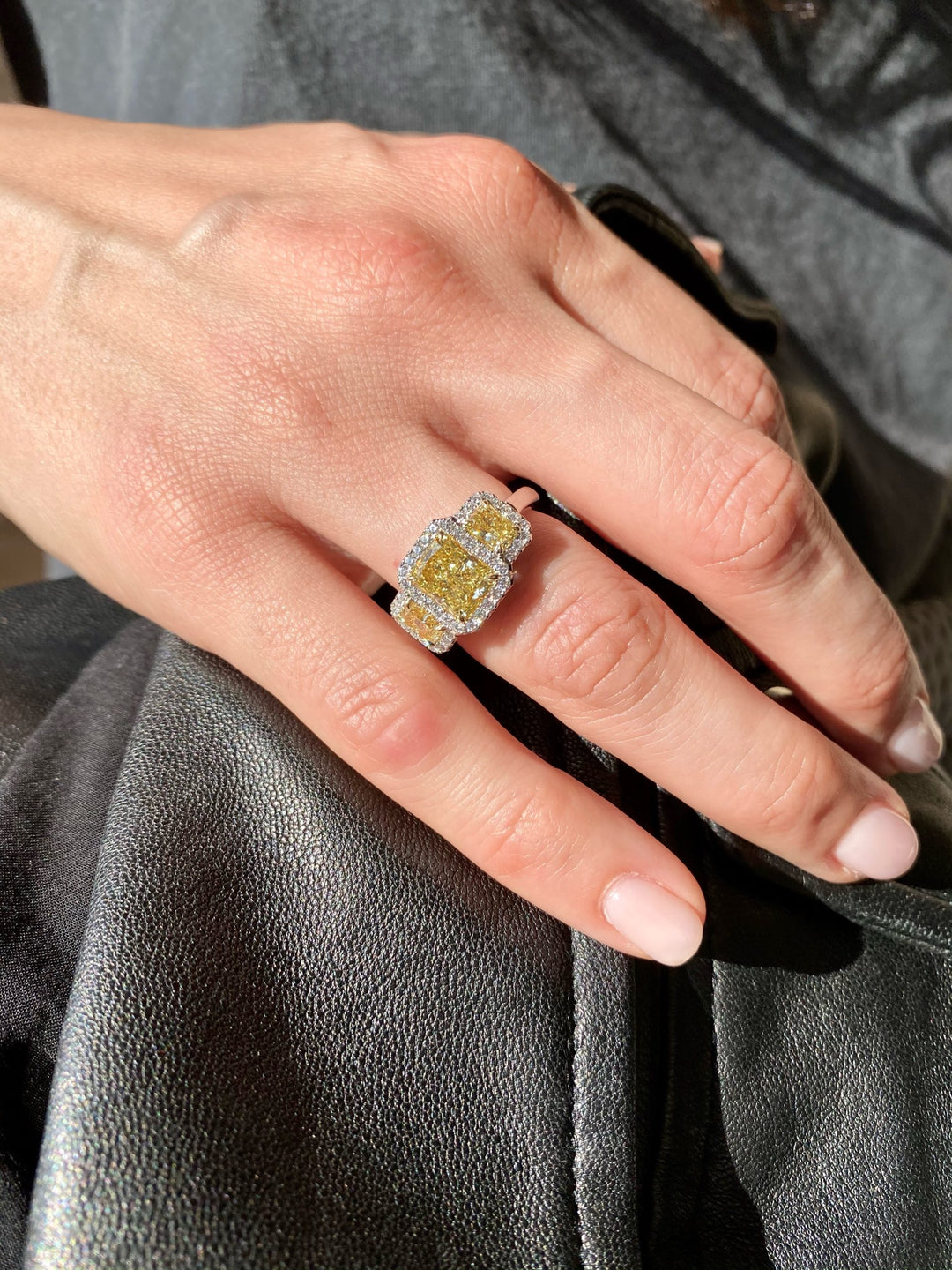 Radiant Fancy Yellow Diamond Three Stone Ring