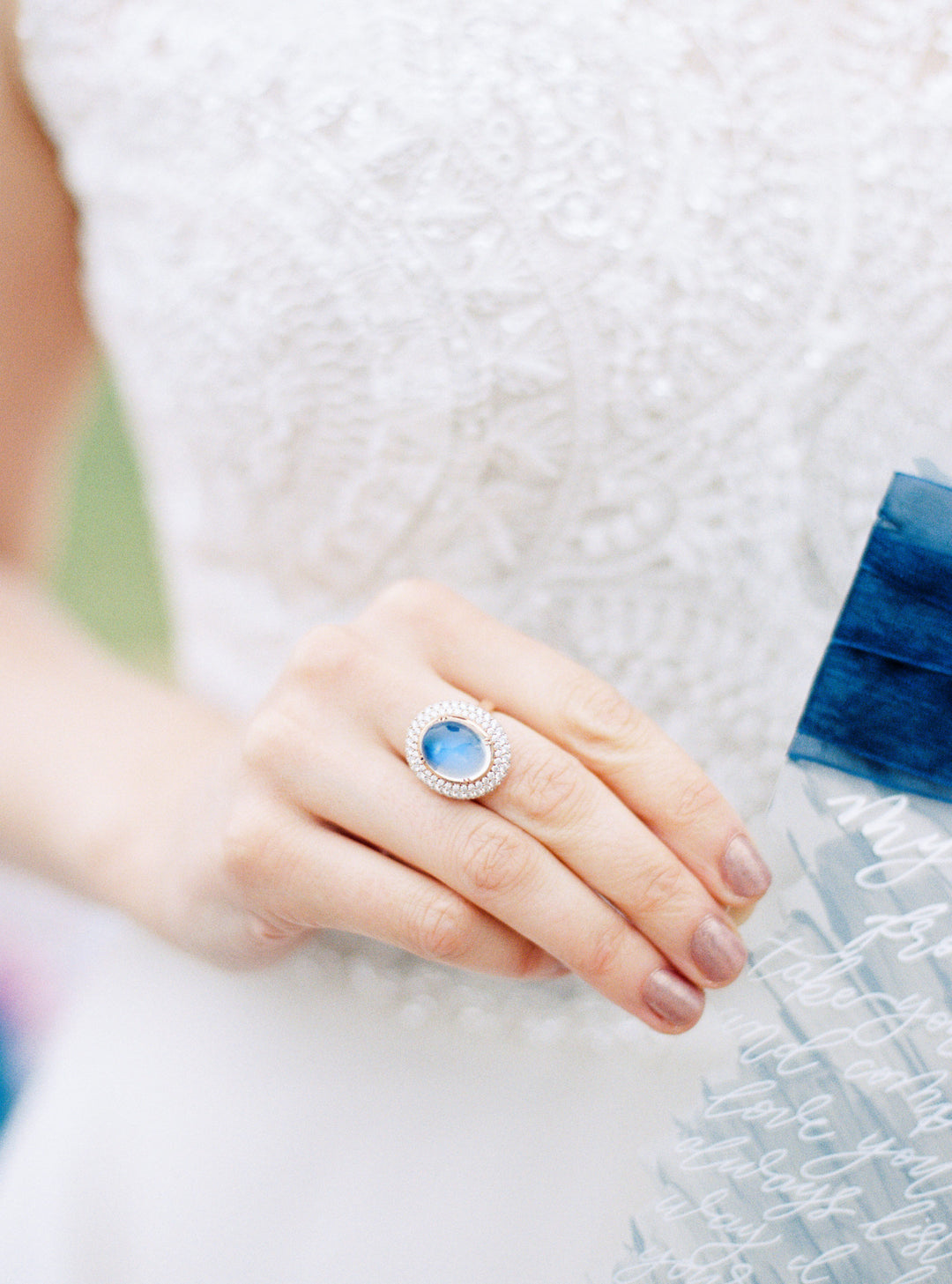 10.39ct Oval Blue Sheen Moonstone Cabaochon & Diamond Ring