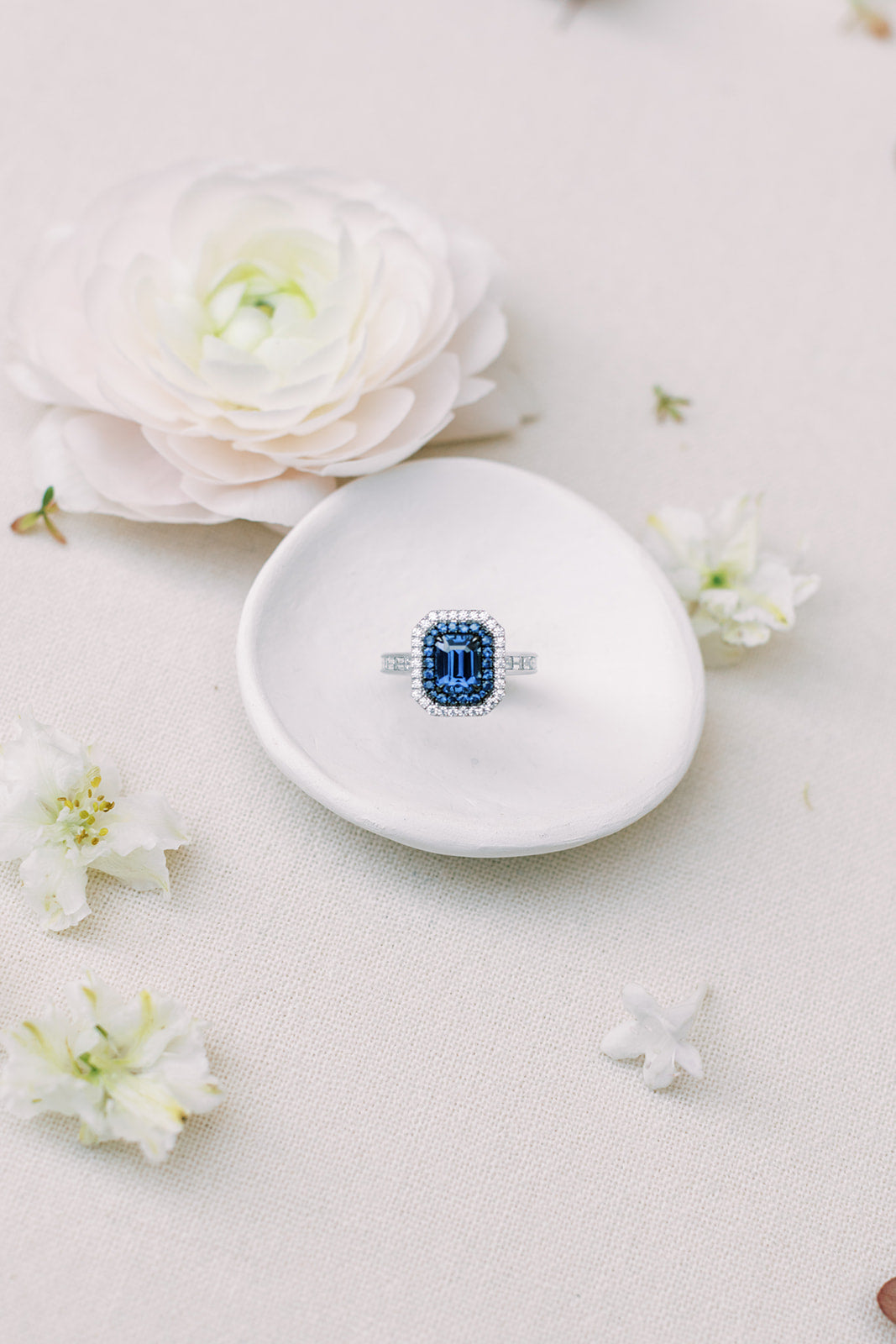 Double Halo Sapphire & Baguette Diamond Ring