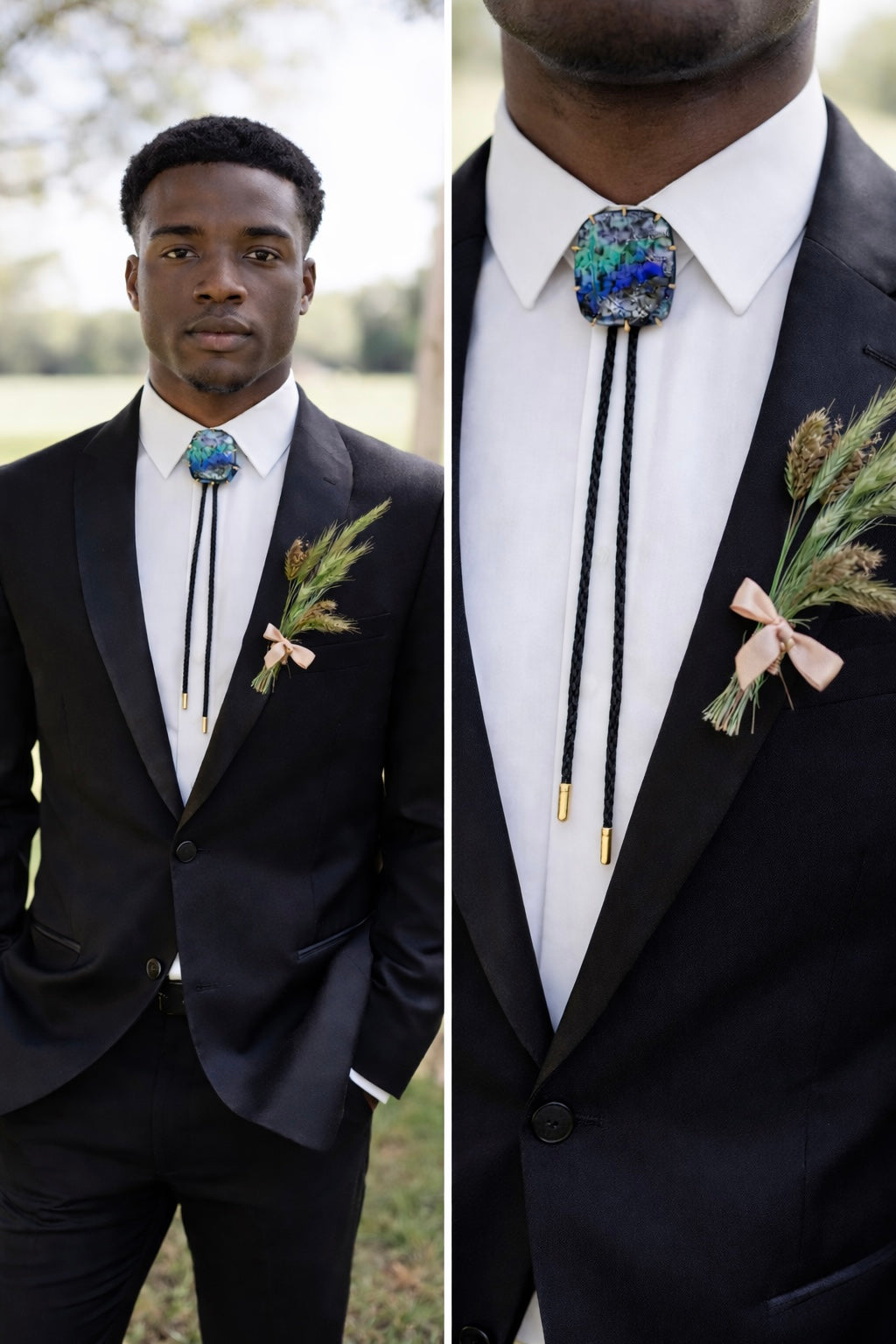 14K Yellow Gold Australian Boulder Opal, Montana Sapphire, & Diamond Bolo Tie