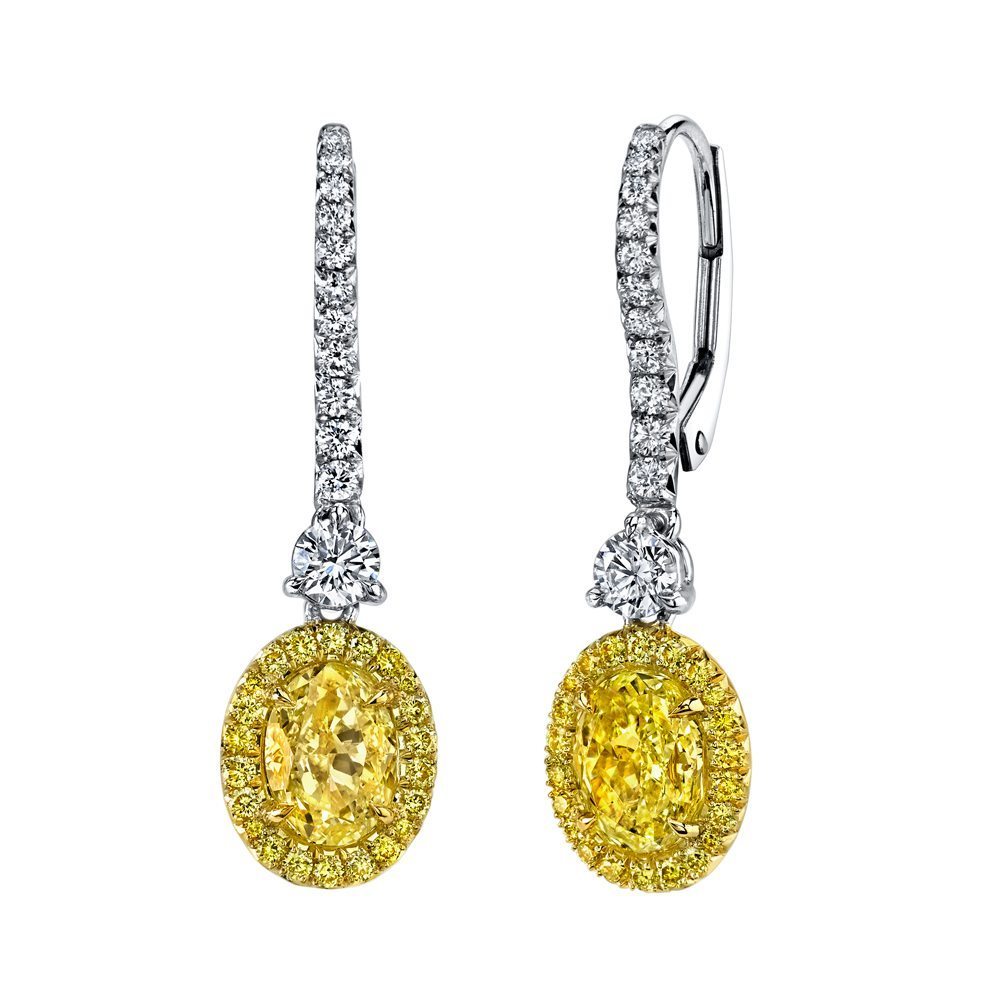 2.04ct Oval Natural Fancy Light Yellow Diamond Dangle Earrings