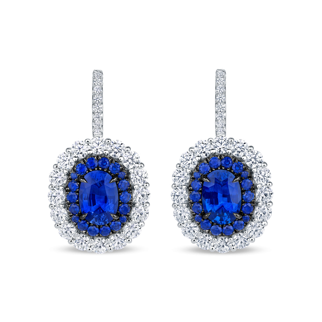 2.31ctw Oval Blue Sapphire & Cluster Diamond Halo Drop Earrings