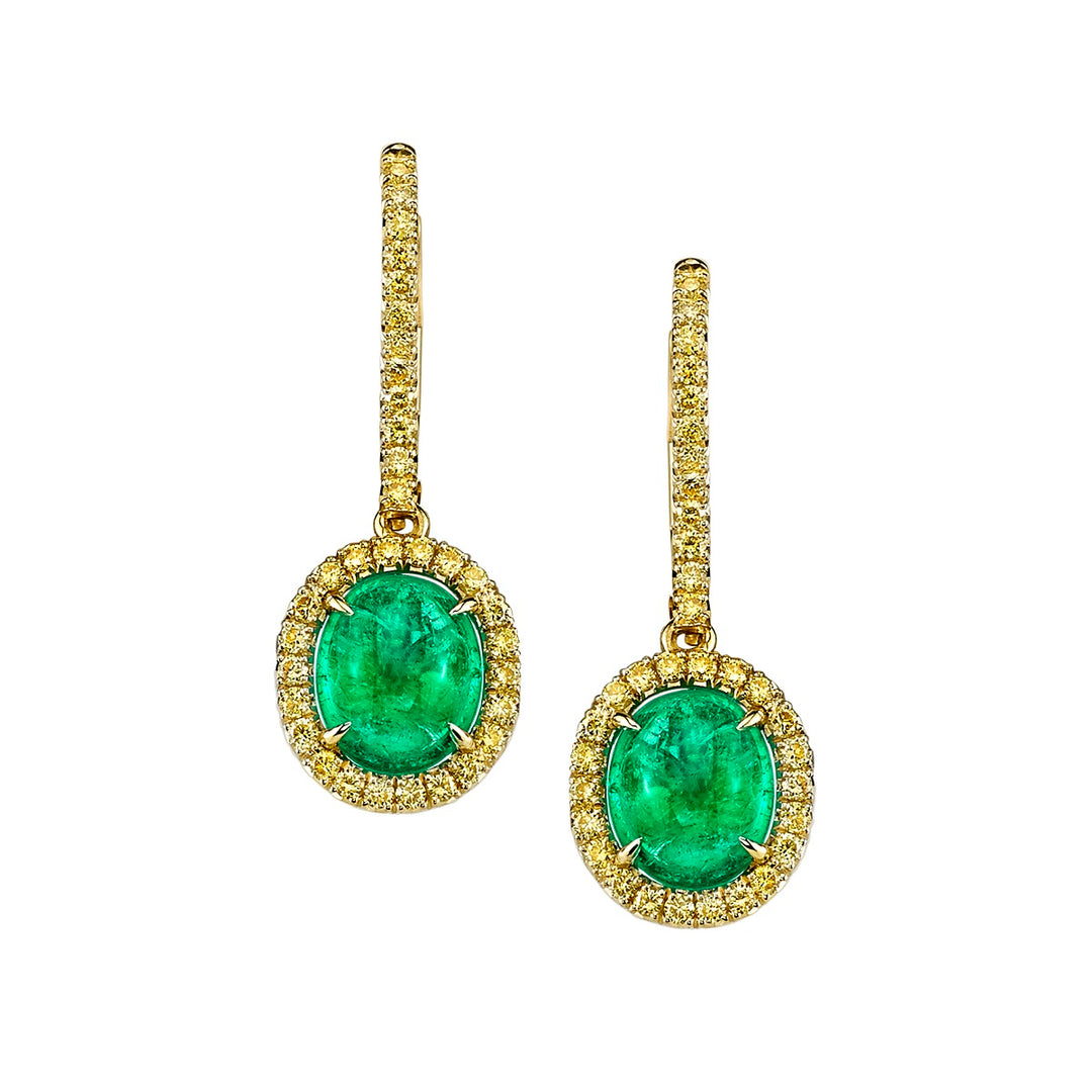 Emerald Cabochon & Fancy Yellow Diamond Earrings