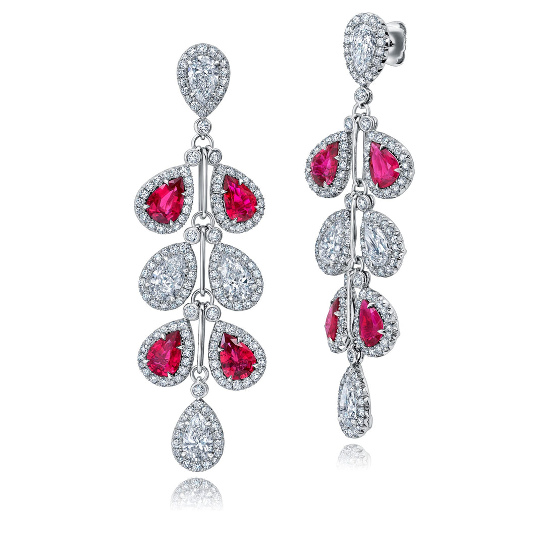 Cascading Ruby & Diamond Dangle Earrings in Platinum