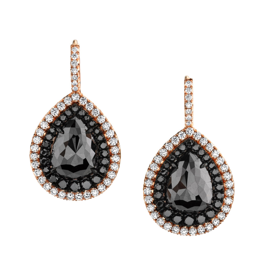 4.28ctw Black Diamond Rose Cut Pear Shape Earrings in 18K Rose Gold