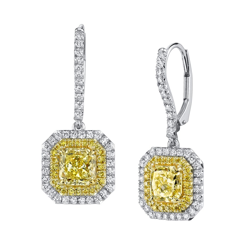 2.13ct Radiant Cut Natural Fancy Yellow Double Halo Dangle Diamond Earrings