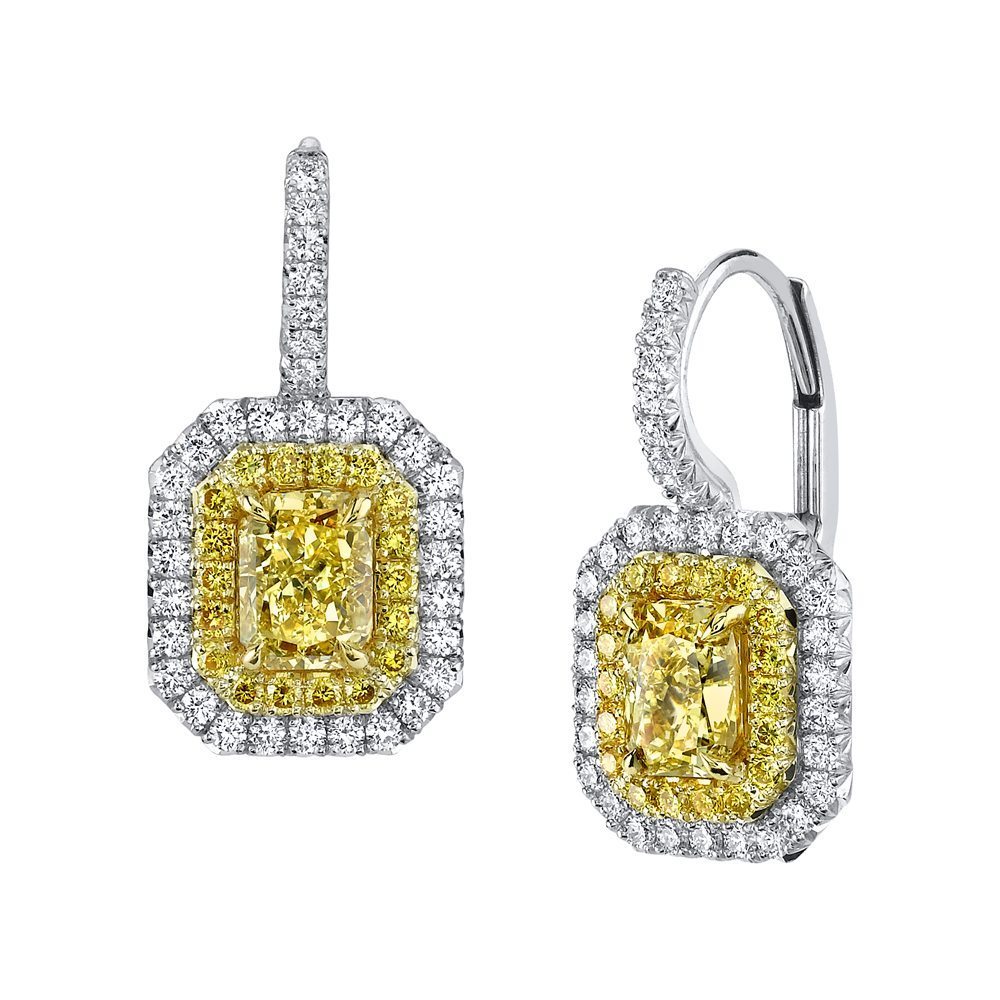 1.41ctw Radiant Natural Fancy Yellow Double Halo Yellow Diamond Earrings