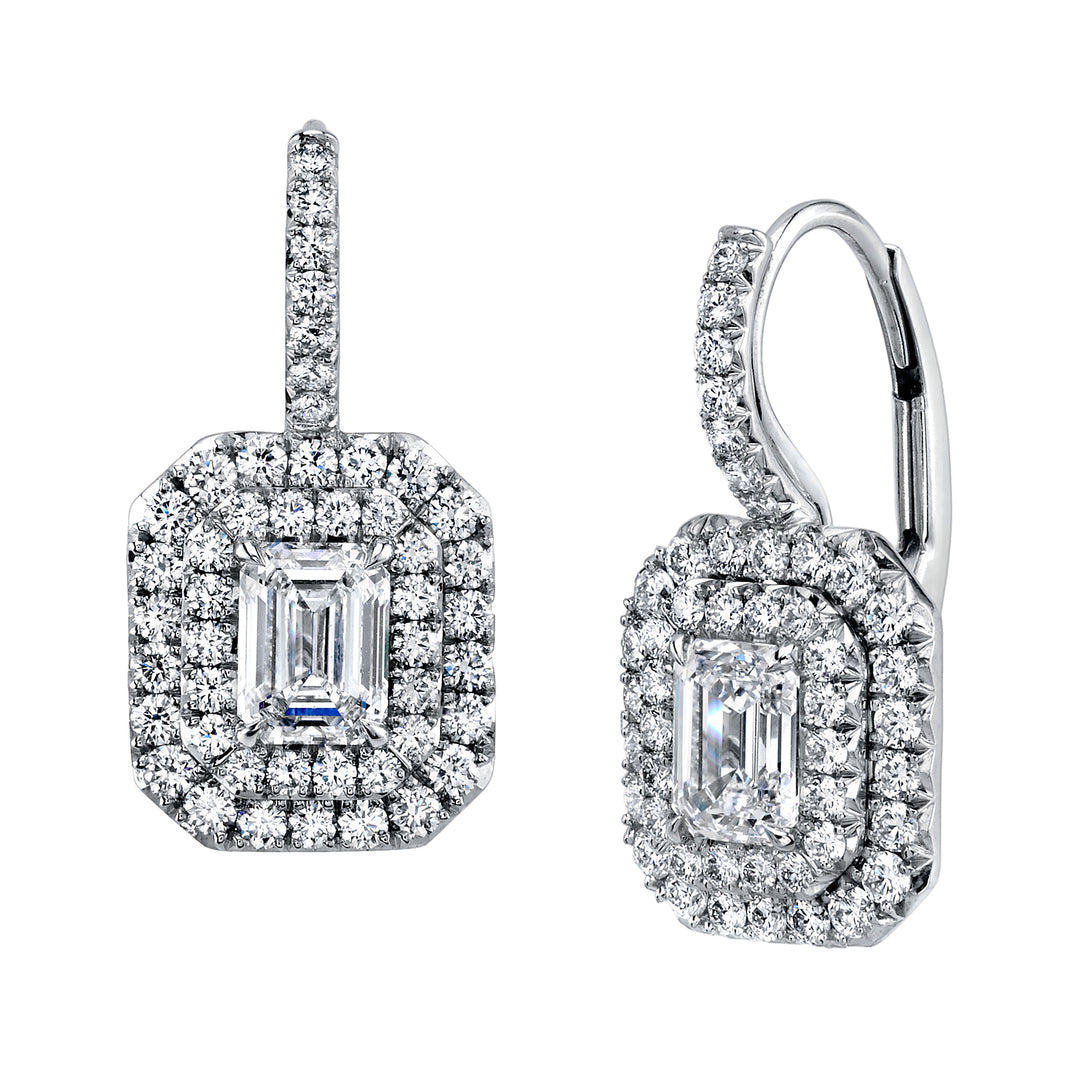 1.02ctw Emerald Cut Double Halo Drop Earrings