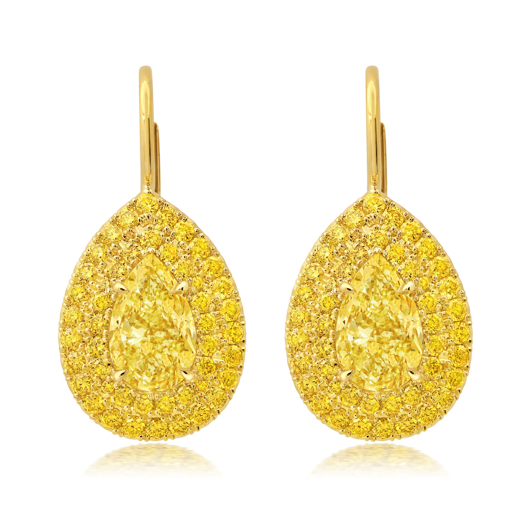 2.03ctw Pear Shape Fancy Yellow Diamond Double Halo Earrings in 18K Yellow Gold