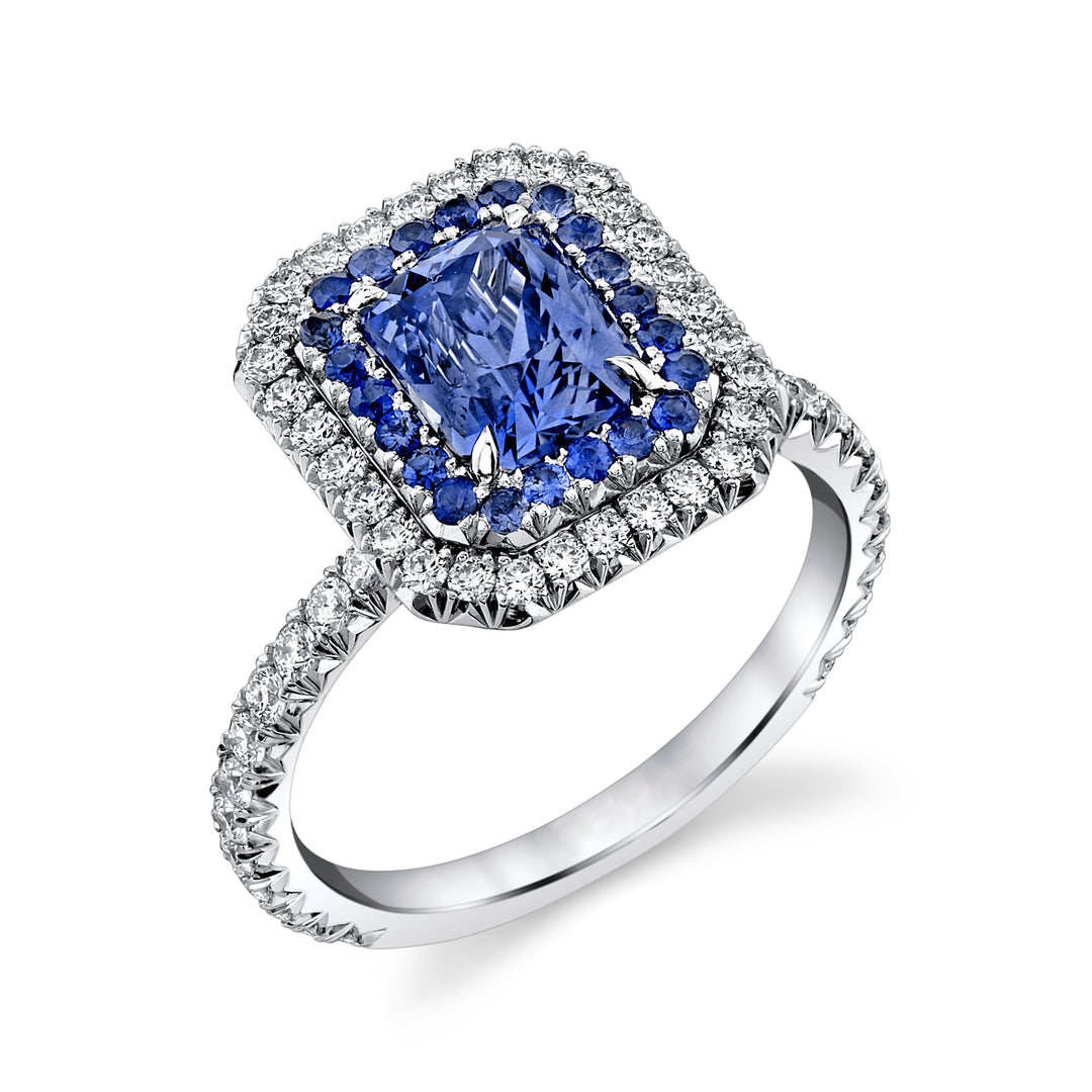 2.06ct Radiant Cornflower Blue Sapphire & Diamond Ring