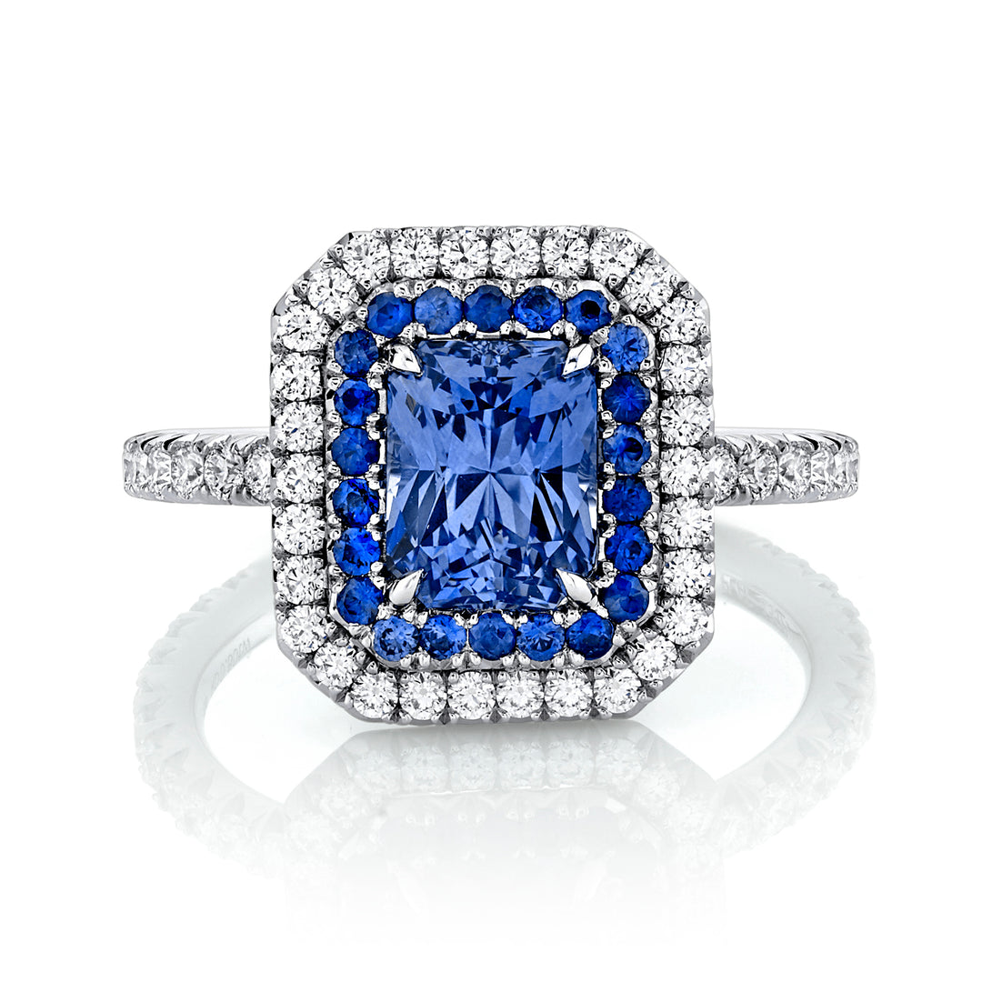 2.06ct Radiant Cornflower Blue Sapphire & Diamond Ring