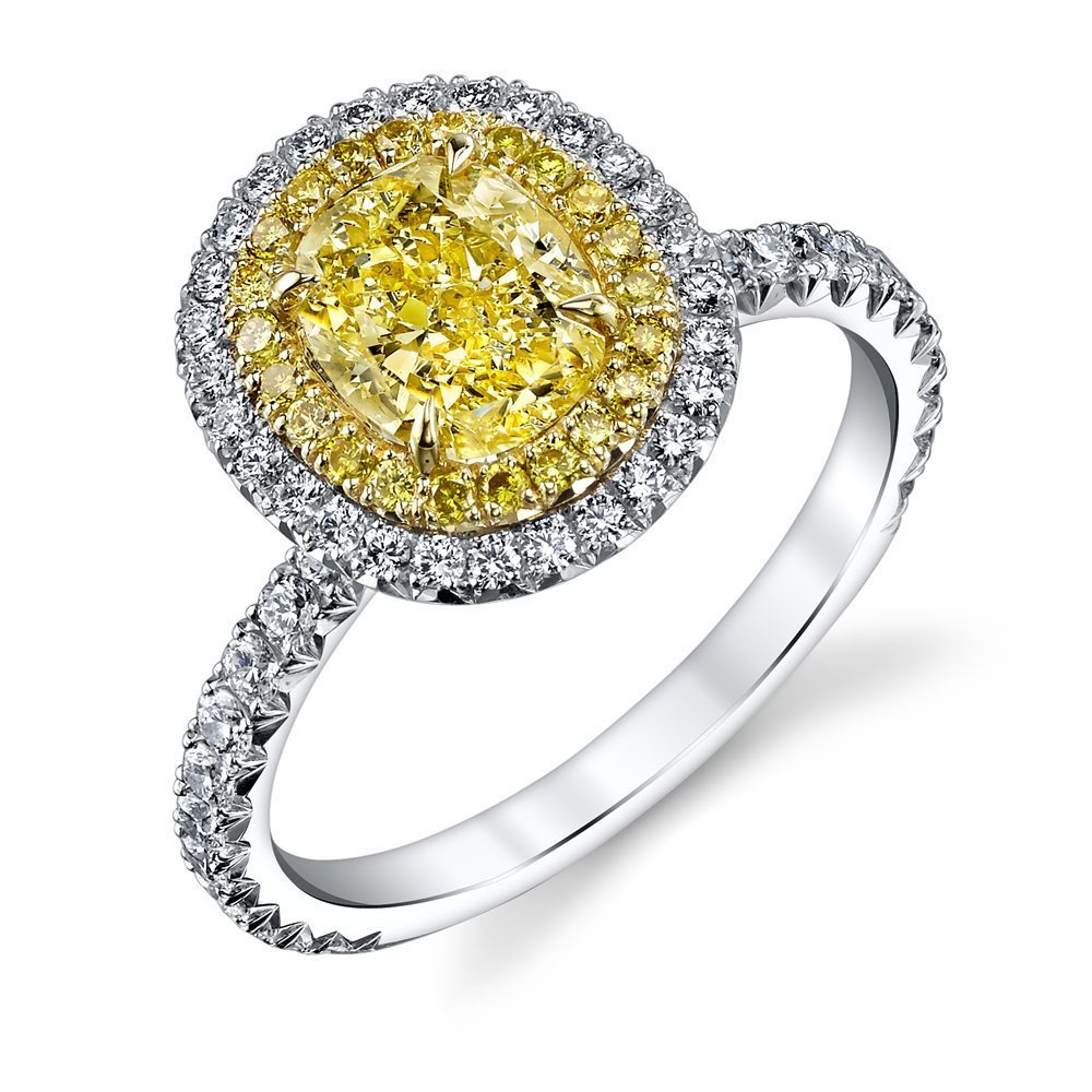 Oval Natural Fancy Light Yellow Double Halo Diamond Ring