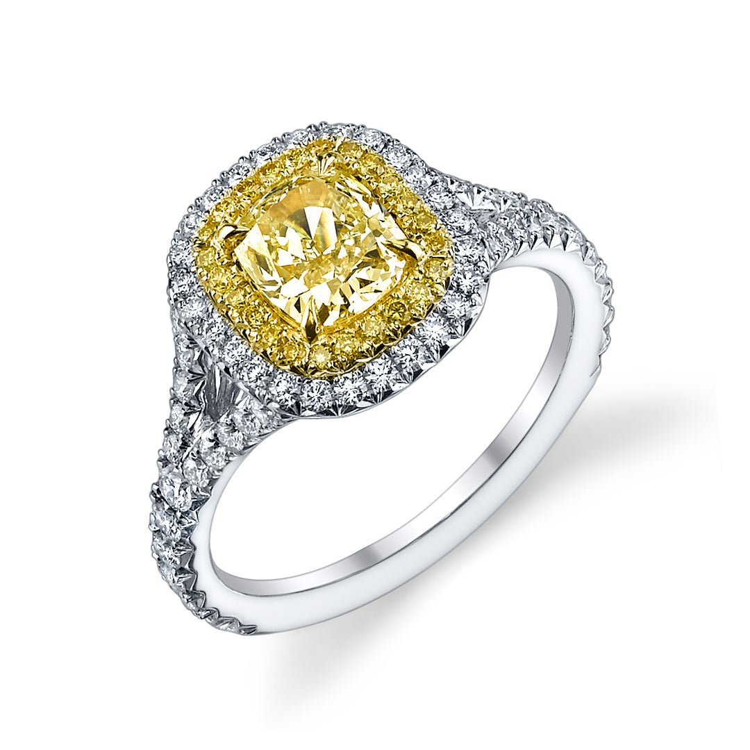 1.67ct Radiant Cut Natural Fancy Yellow Diamond Split Shank Ring