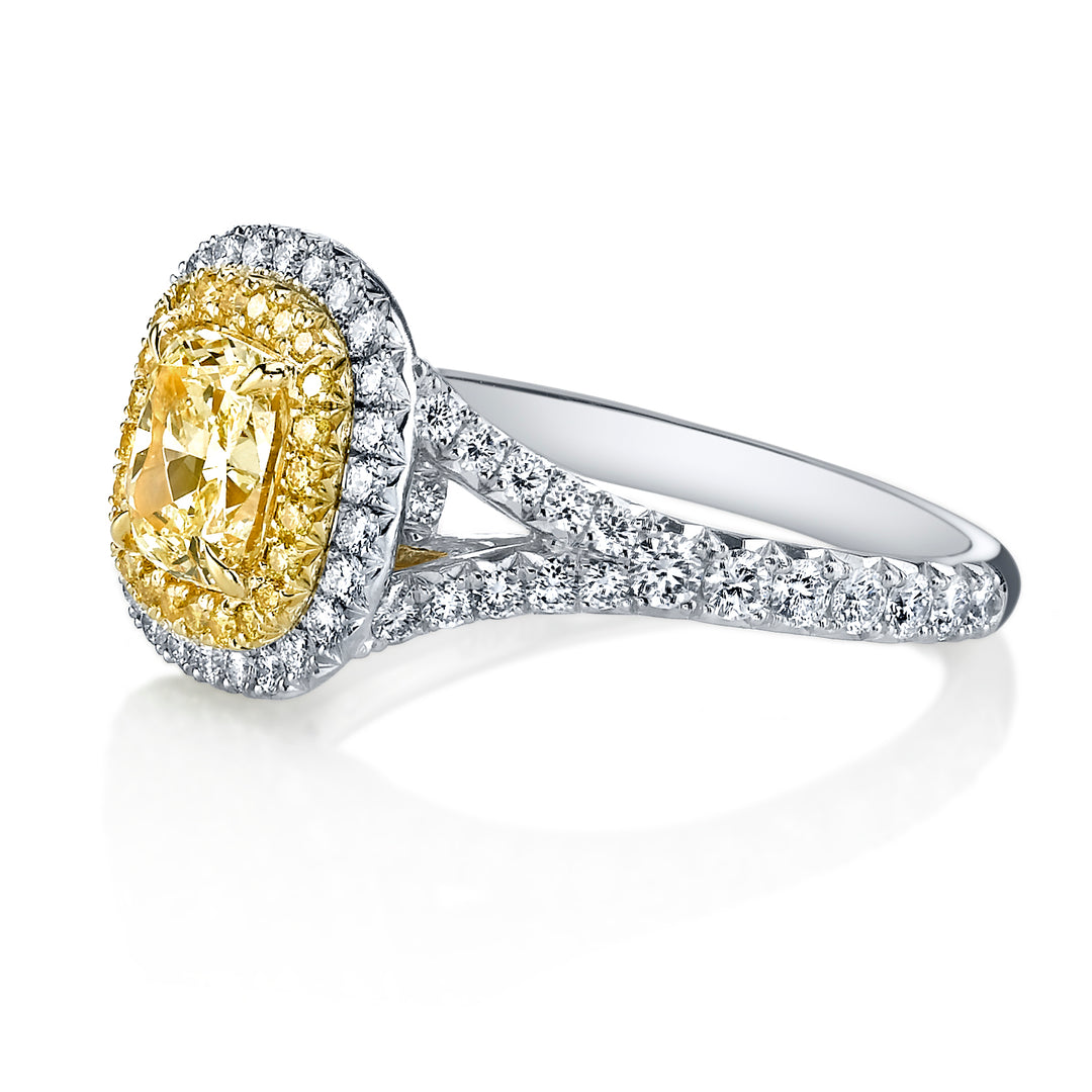 1.67ct Radiant Cut Natural Fancy Yellow Diamond Split Shank Ring