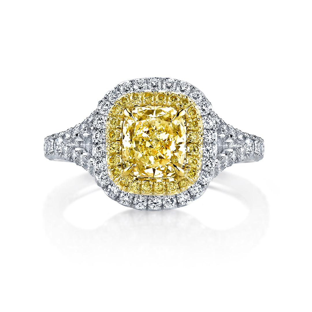 1.67ct Radiant Cut Natural Fancy Yellow Diamond Split Shank Ring