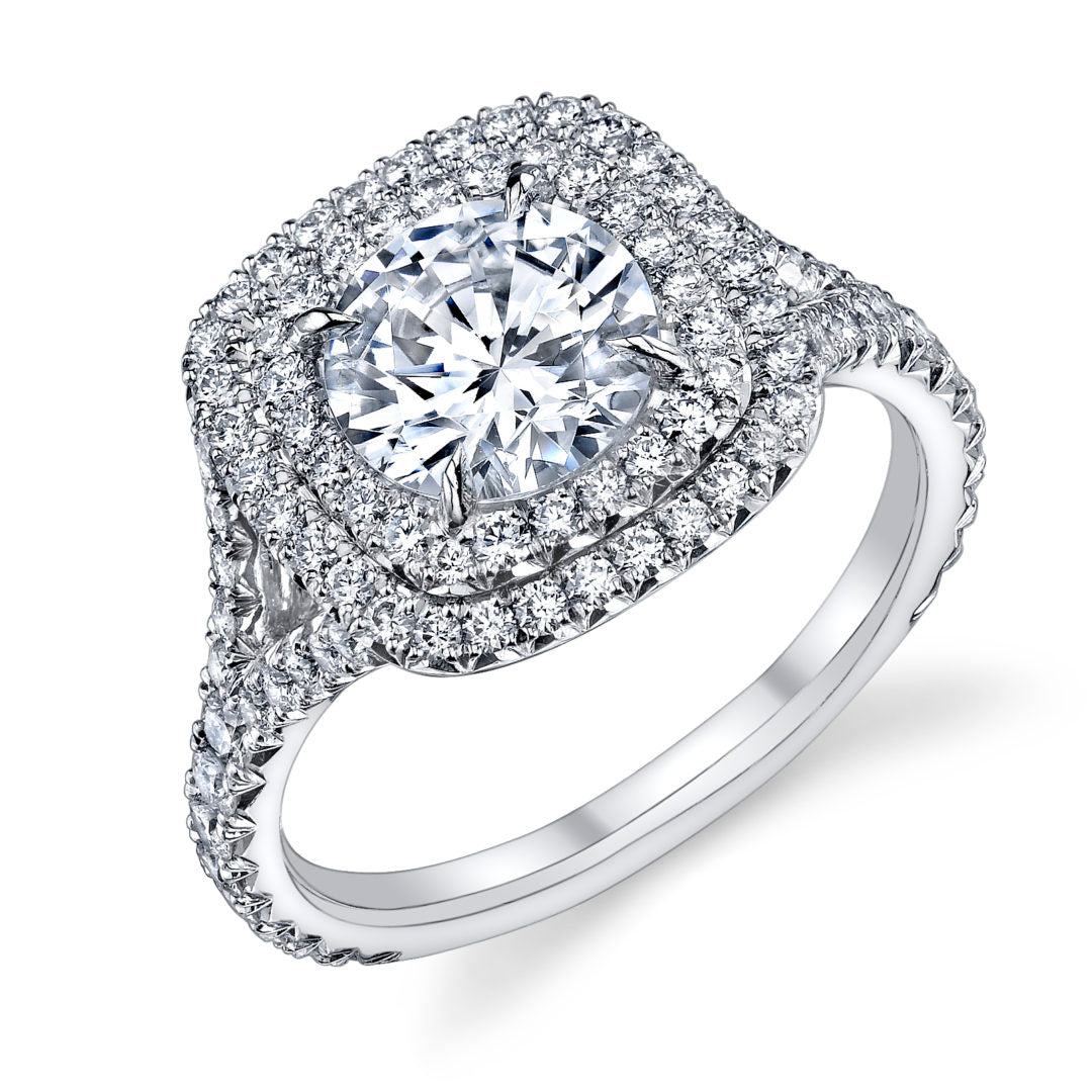 Double Cushion Halo Split Shank Diamond Ring