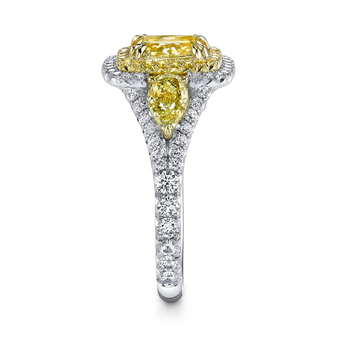 2.05ct Cushion Natural Fancy Yellow Three Stone Diamond Ring