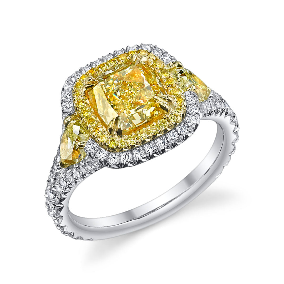 2.05ct Cushion Natural Fancy Yellow Three Stone Diamond Ring