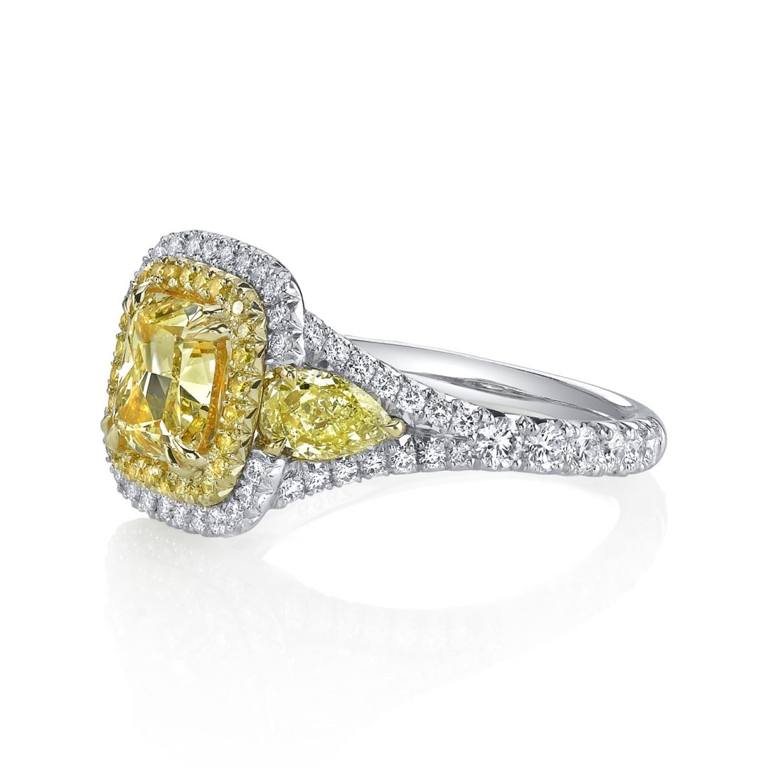 2.05ct Cushion Natural Fancy Yellow Three Stone Diamond Ring