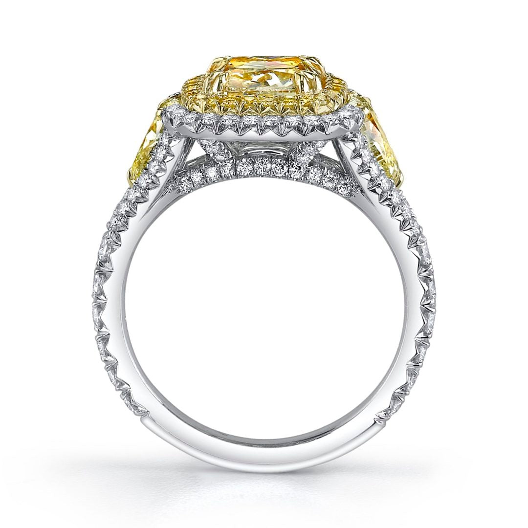 2.05ct Cushion Natural Fancy Yellow Three Stone Diamond Ring