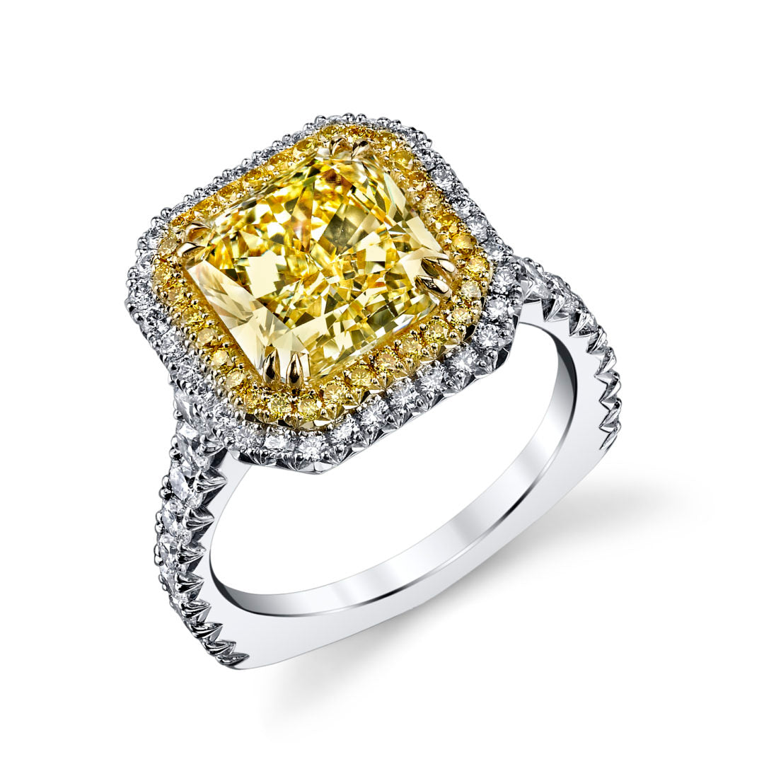 Radiant Natural Fancy Yellow Double Halo Diamond Ring